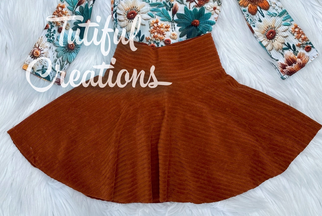 Rust Corduroy rib twirl Skirt